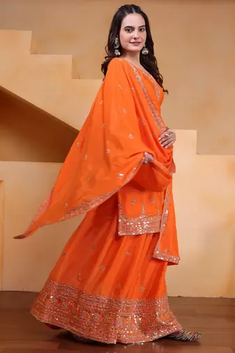 orange  silk blend  party wear embroidery   sharara suit set  