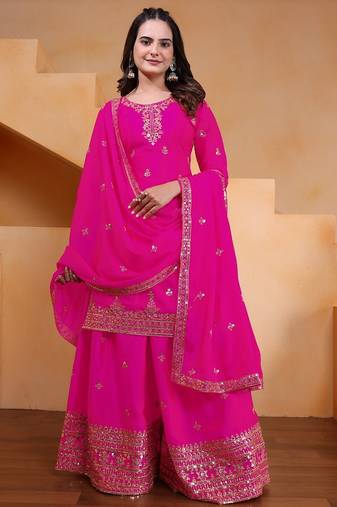 pink  silk blend  party wear embroidery   sharara suit set  