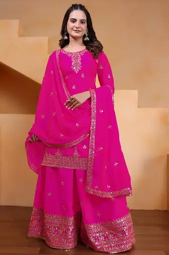 pink  silk blend  party wear embroidery   sharara suit set  