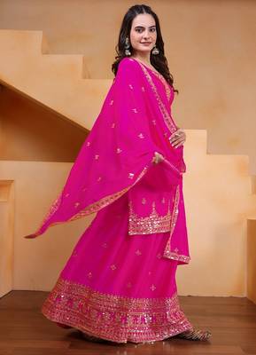 pink  silk blend  party wear embroidery   sharara suit set   4