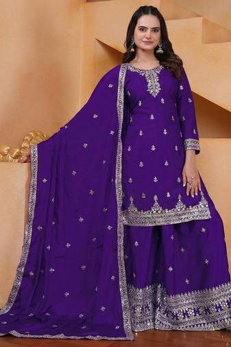 purple  silk blend  party wear embroidery   sharara suit set  