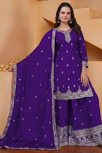 purple  silk blend  party wear embroidery   sharara suit set  