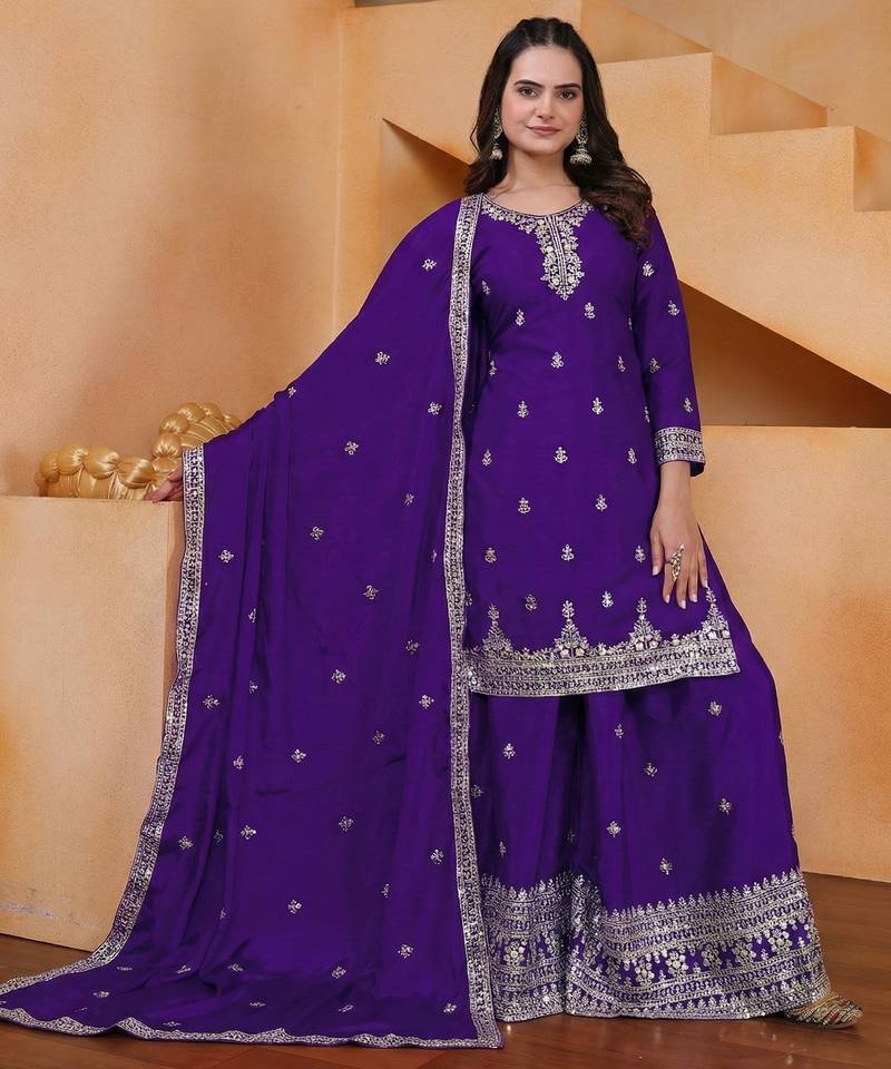 purple  silk blend  party wear embroidery   sharara suit set  