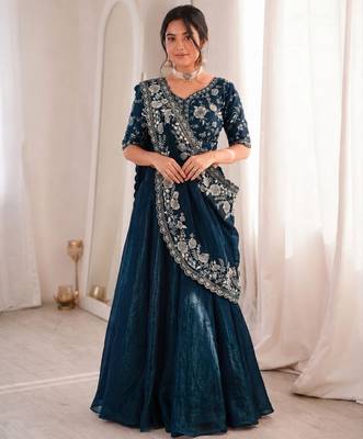 Teal Color Embroidery sequin Work Silk Blend Lehanga Choli Set 1