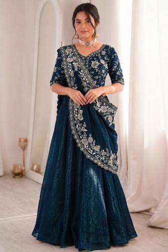 Teal Color Embroidery sequin Work Silk Blend Lehanga Choli Set