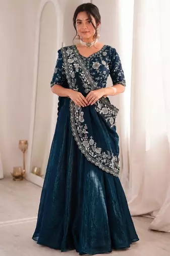 Teal Color Embroidery sequin Work Silk Blend Lehanga Choli Set