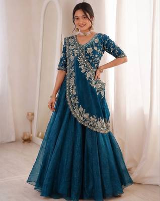 Teal Color Embroidery sequin Work Silk Blend Lehanga Choli Set 2