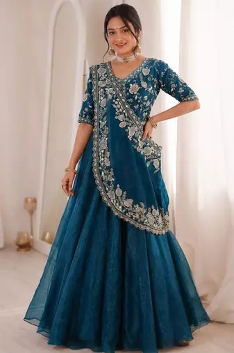 Teal Color Embroidery sequin Work Silk Blend Lehanga Choli Set