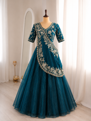 Teal Color Embroidery sequin Work Silk Blend Lehanga Choli Set 3