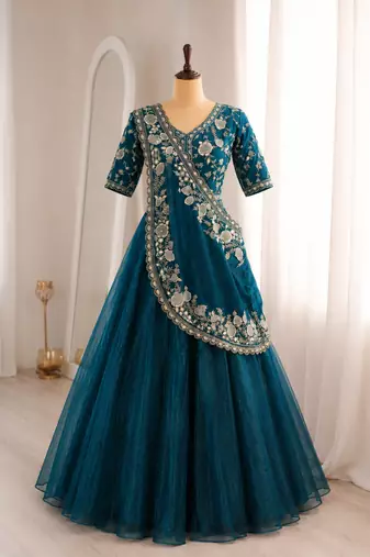 Teal Color Embroidery sequin Work Silk Blend Lehanga Choli Set