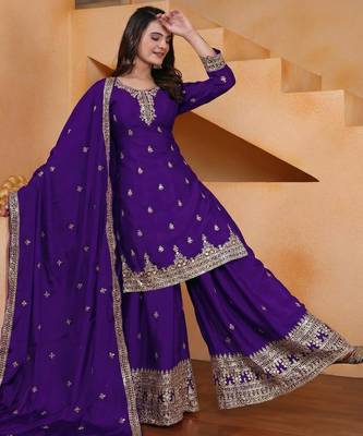 purple  silk blend  party wear embroidery   sharara suit set   2