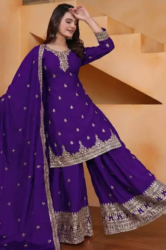 purple  silk blend  party wear embroidery   sharara suit set  