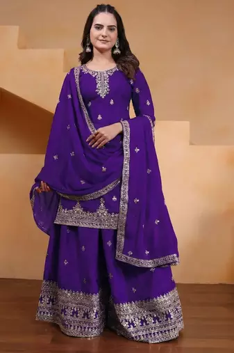 purple  silk blend  party wear embroidery   sharara suit set  