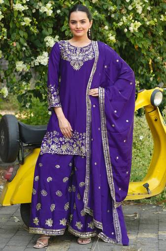 blue  silk blend  party wear embroidery   sharara suit set  