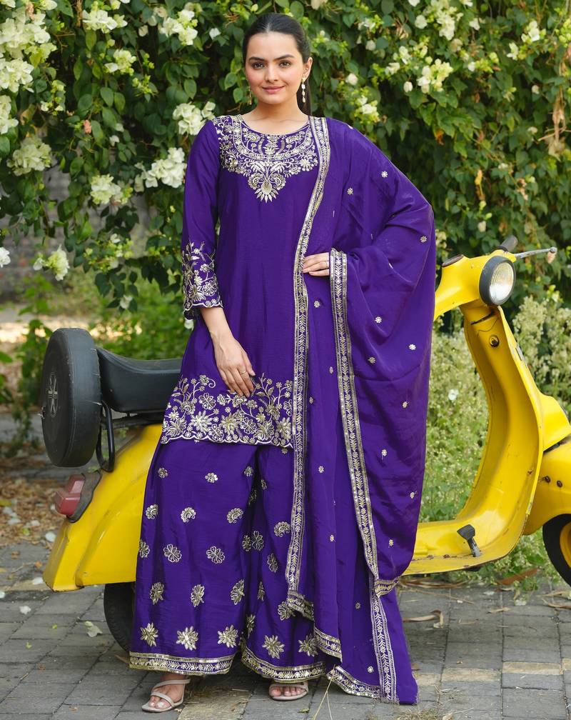 blue  silk blend  party wear embroidery   sharara suit set  