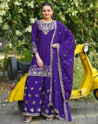 blue  silk blend  party wear embroidery   sharara suit set   2