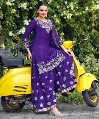 blue  silk blend  party wear embroidery   sharara suit set   3