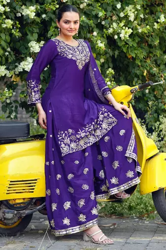 blue  silk blend  party wear embroidery   sharara suit set  