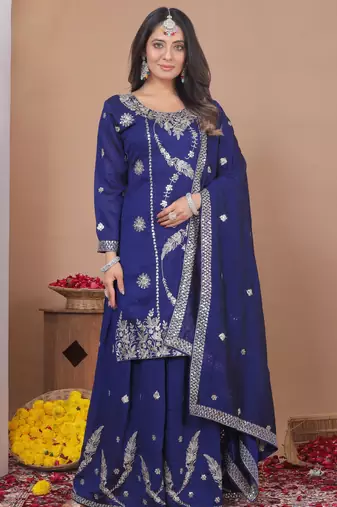 blue vichitra  silk blend  party wear embroidery   sharara suit set  