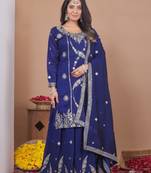 blue vichitra  silk blend  party wear embroidery   sharara suit set  