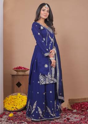 blue vichitra  silk blend  party wear embroidery   sharara suit set   2