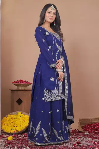 blue vichitra  silk blend  party wear embroidery   sharara suit set  