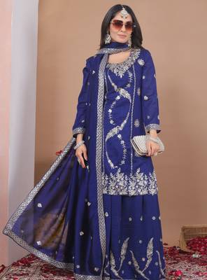 blue vichitra  silk blend  party wear embroidery   sharara suit set   3