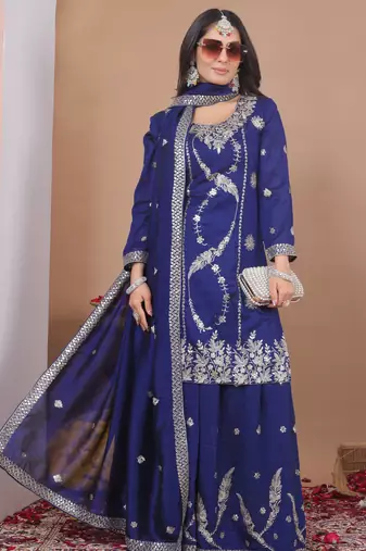 blue vichitra  silk blend  party wear embroidery   sharara suit set  