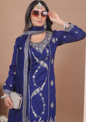 blue vichitra  silk blend  party wear embroidery   sharara suit set   4