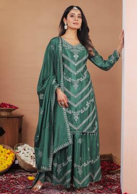 green  silk blend  party wear embroidery   sharara suit set   1