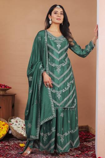 green  silk blend  party wear embroidery   sharara suit set  