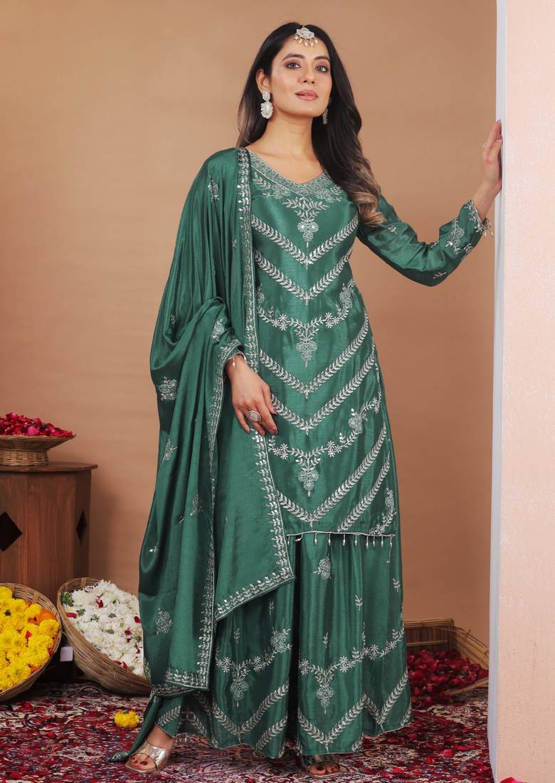 green  silk blend  party wear embroidery   sharara suit set  