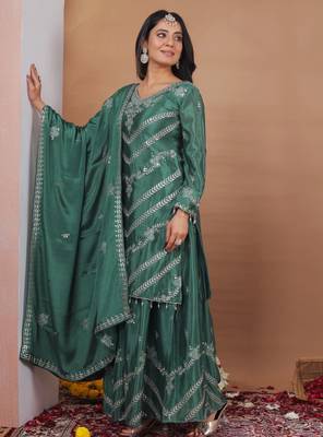green  silk blend  party wear embroidery   sharara suit set   2