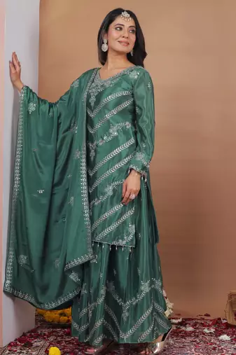 green  silk blend  party wear embroidery   sharara suit set  