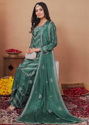 green  silk blend  party wear embroidery   sharara suit set   3