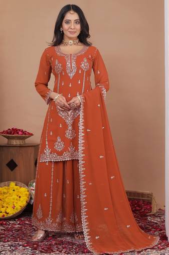 Orange georgette   party wear embroidery   sharara suit set