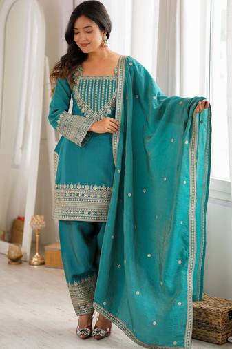 sea green faux georgette embroidered gown set with organza silk blend  dupatta