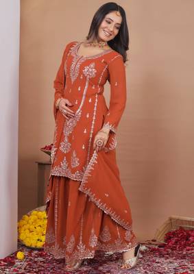 Orange georgette   party wear embroidery   sharara suit set 4