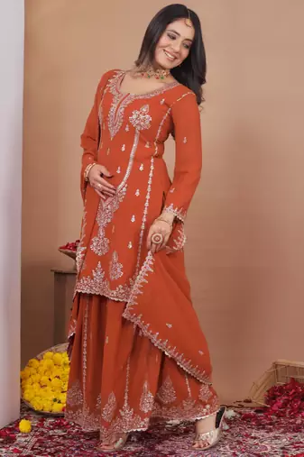 Orange georgette   party wear embroidery   sharara suit set