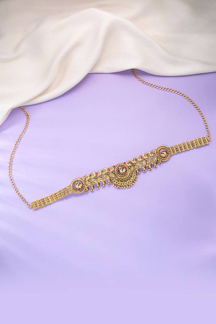 Gold plated faux ruby faux emerald studded ethnic belly chain kamarbandh jewellery gift for women girls