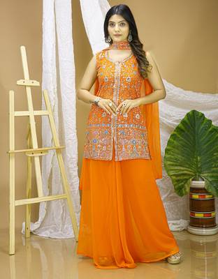 Orange georgette  party wear embroidery  sharara suit set 1