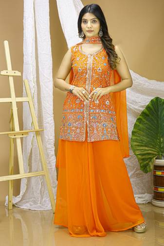 Orange georgette  party wear embroidery  sharara suit set
