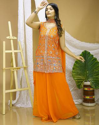 Orange georgette  party wear embroidery  sharara suit set 2