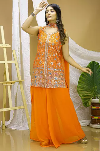 Orange georgette  party wear embroidery  sharara suit set