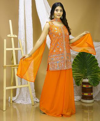 Orange georgette  party wear embroidery  sharara suit set 3