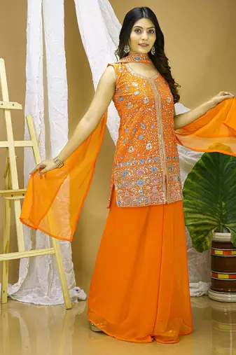 Orange georgette  party wear embroidery  sharara suit set