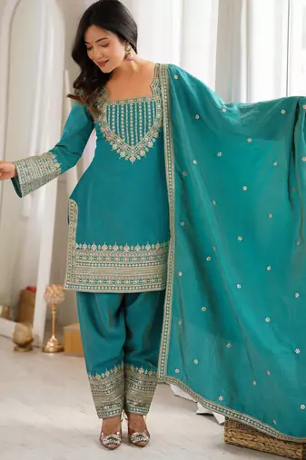 sea green faux georgette embroidered gown set with organza silk blend  dupatta