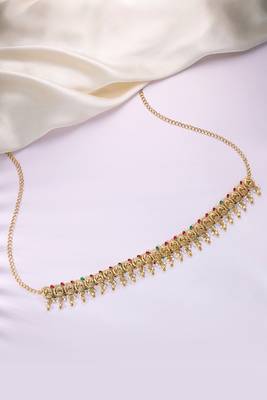 Gold plated faux ruby faux emerald & lariya studded belly chain kamarbandh jewellery for women 1