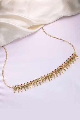 Gold plated faux ruby faux emerald & lariya studded belly chain kamarbandh jewellery for women
