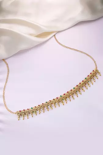 Gold plated faux ruby faux emerald & lariya studded belly chain kamarbandh jewellery for women